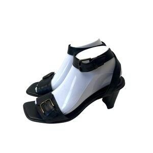 Etienne Aigner Dana Black Leather Block Heel Sandals Square Toe 7.5M Minimalist